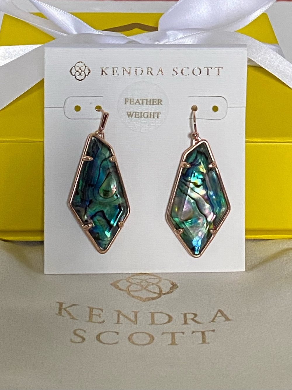 Kendra Scott Iridescent Green Blue Abalone Shell Drop Earrings in Rose Gold NEW